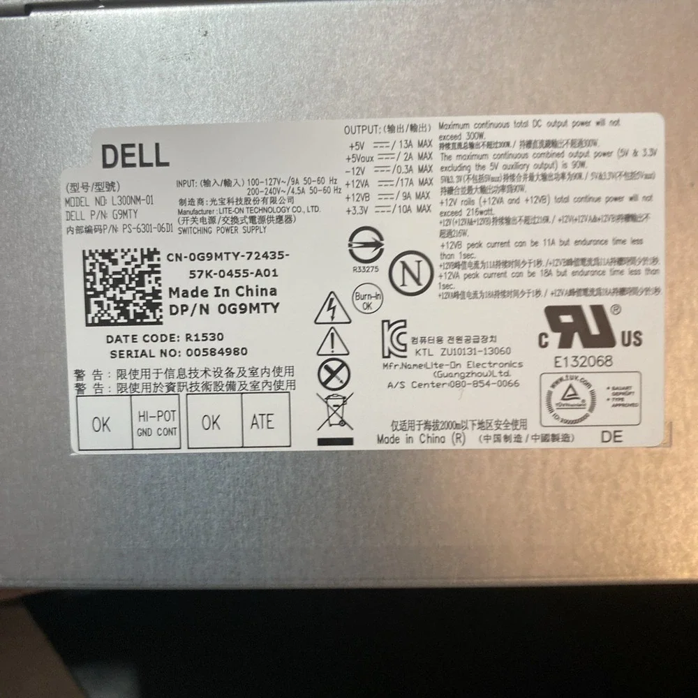 L300NM-01 Power Supply  Fit Dell Inspiron 3847 MT PS-6301-06D A1